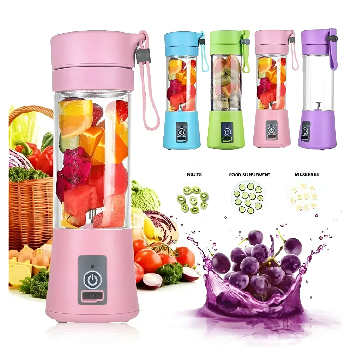 Portable USB blender with six blades in pink colour option showing cup and charging cable