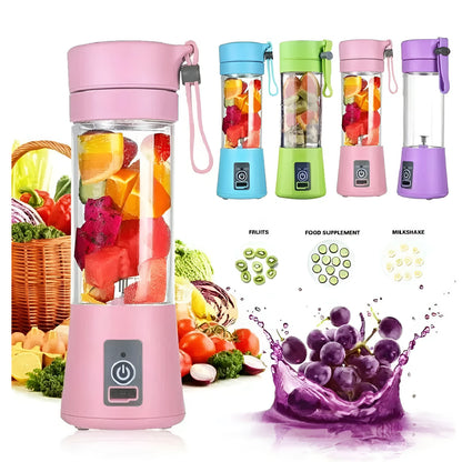 Portable USB blender with six blades in pink colour option showing cup and charging cable