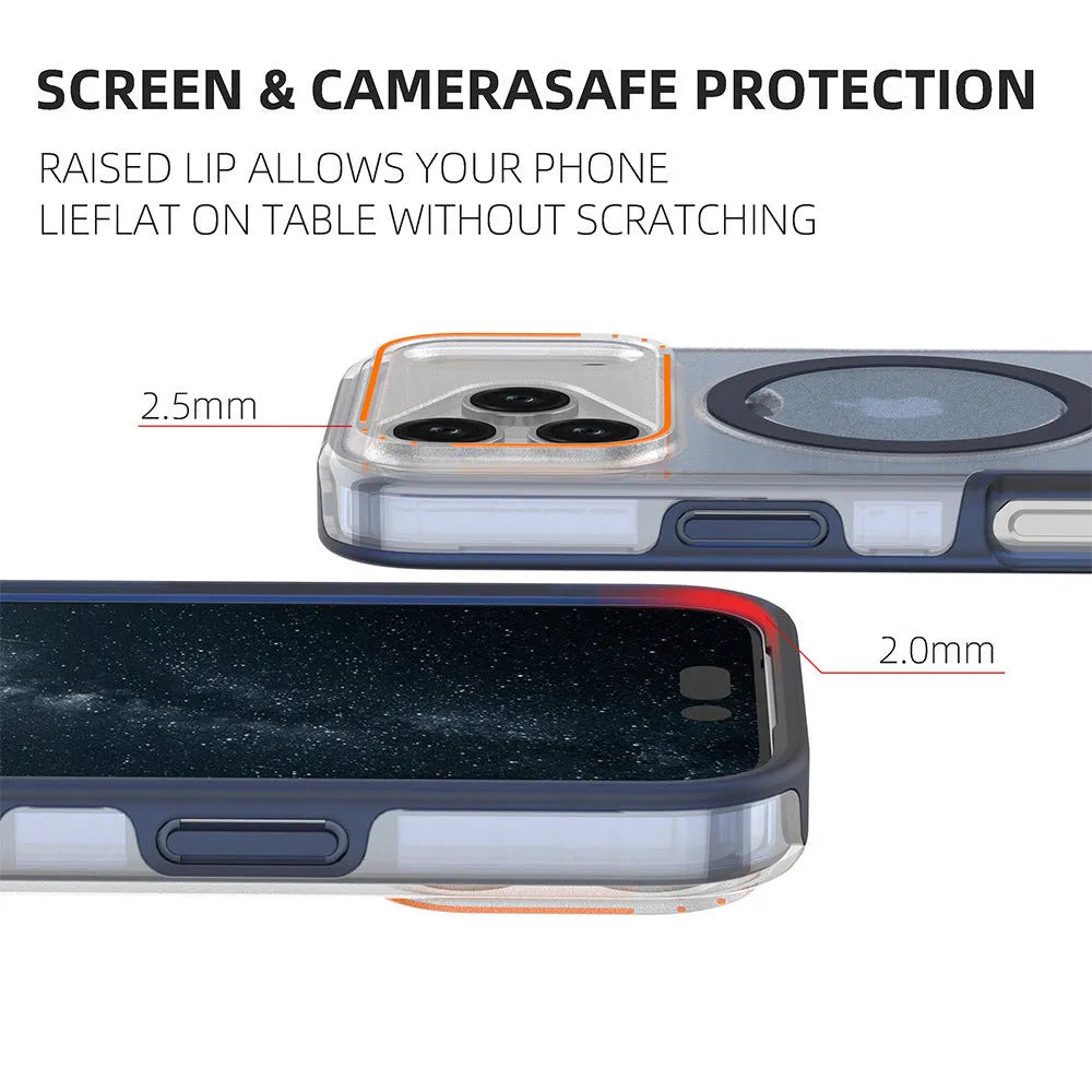 Magnetic phone case for iPhone 17 in sapphire blue, back cover with vehicle navigation support