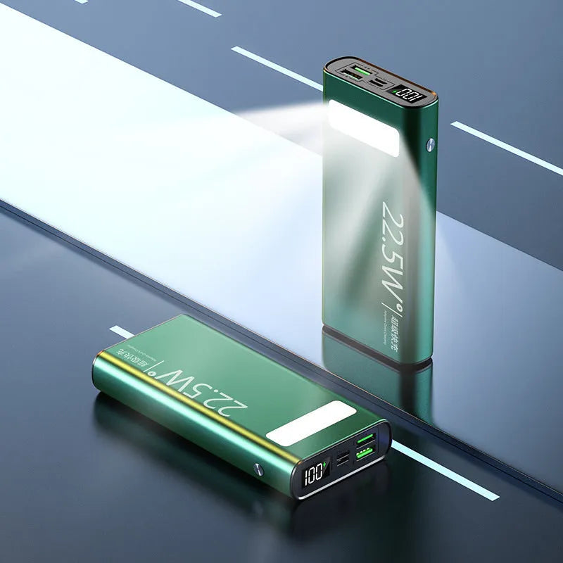 Alloy shell power bank in black, blue, green, or red colours showing LCD display and LED flashlight