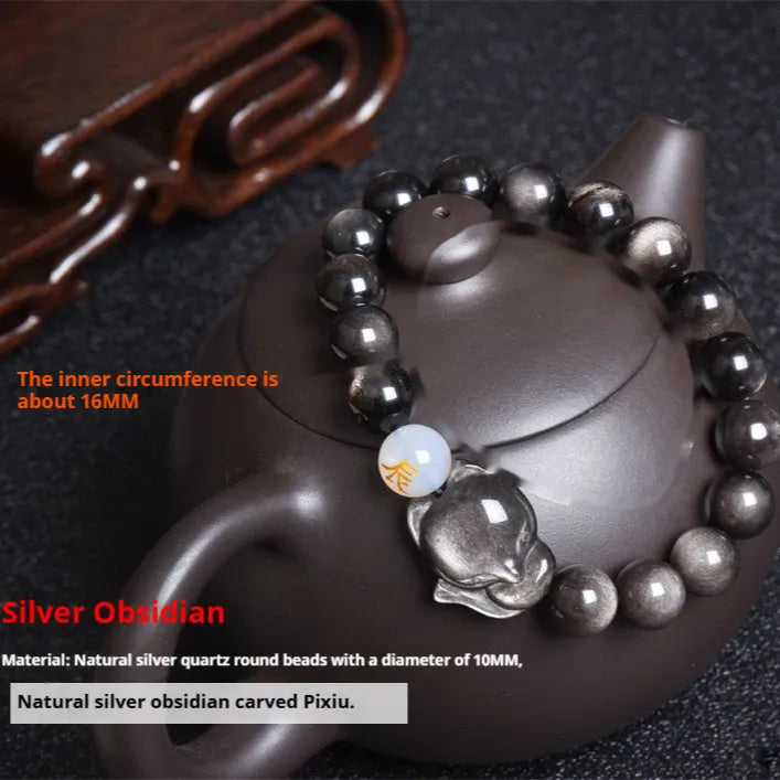 Natural obsidian stone bracelet with 10mm beads in gold, silver or black zodiac guardian styles