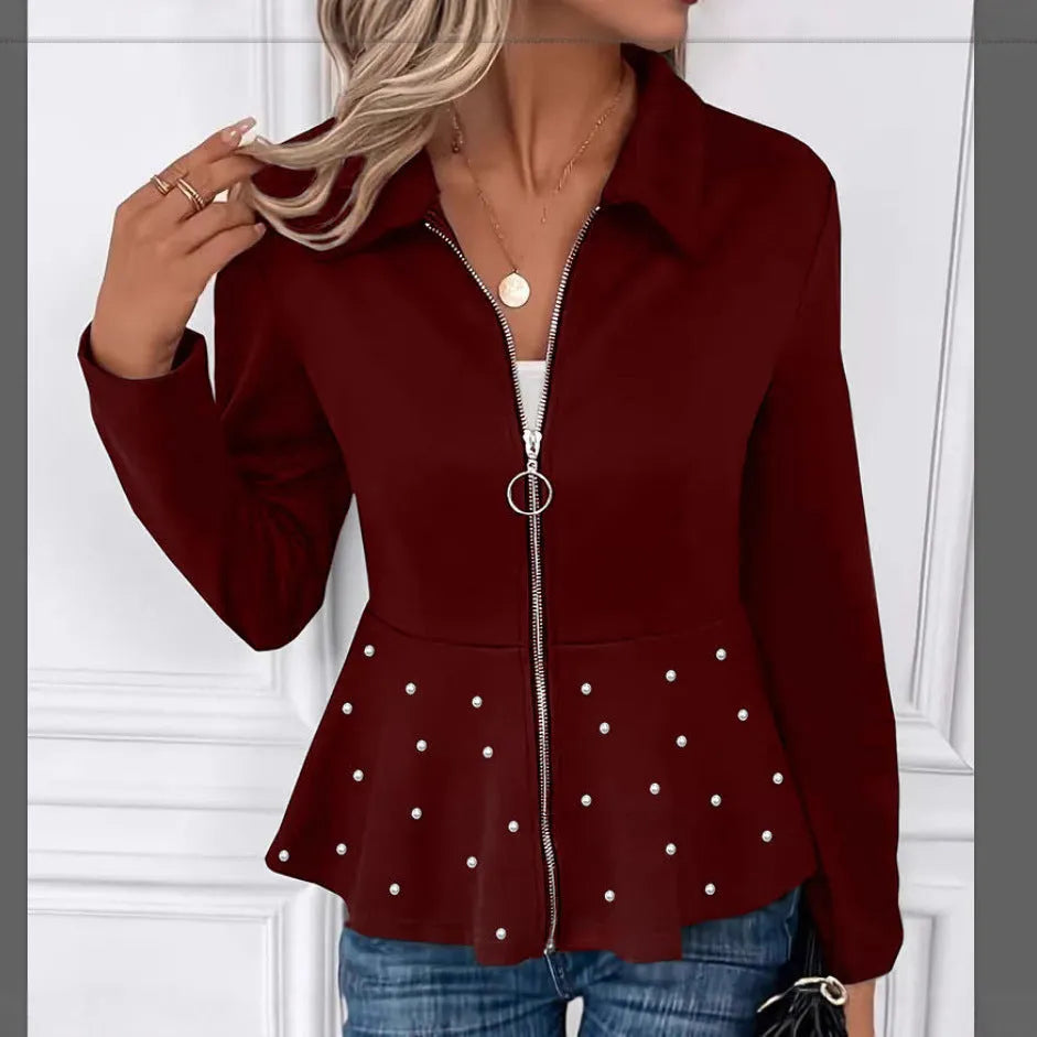 Women's black coat with beaded heavy-duty zipper and ruffled hem detail