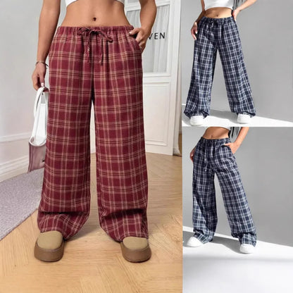 Women's loose fit trousers with drawstring waist and plaid pattern pockets in blue colour