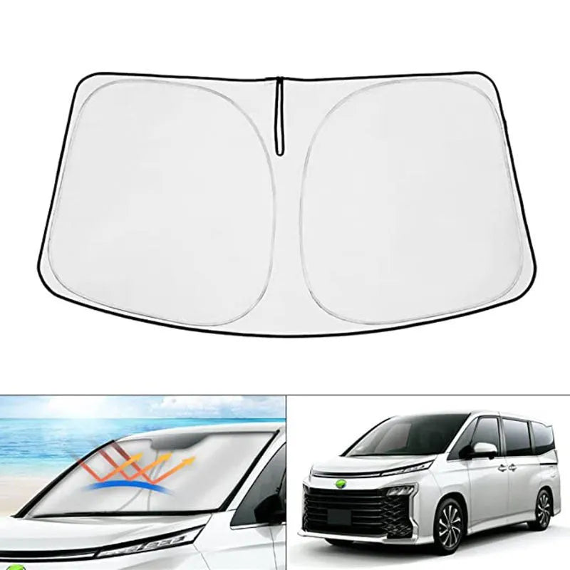 Silver tape sunshade cover fitted on a Toyota NOAH XOVY 90 series front windshield.