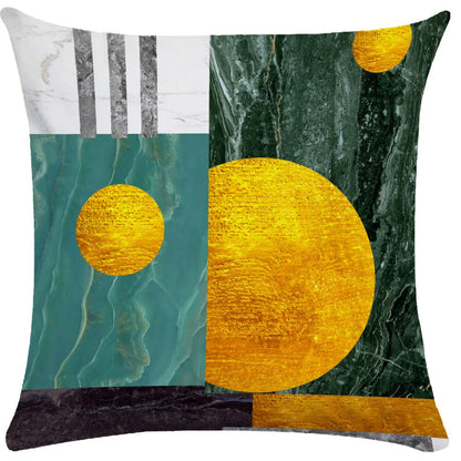 Geometric pattern throw pillow on office sofa showing 45x45cm size with ultra-flexible printing