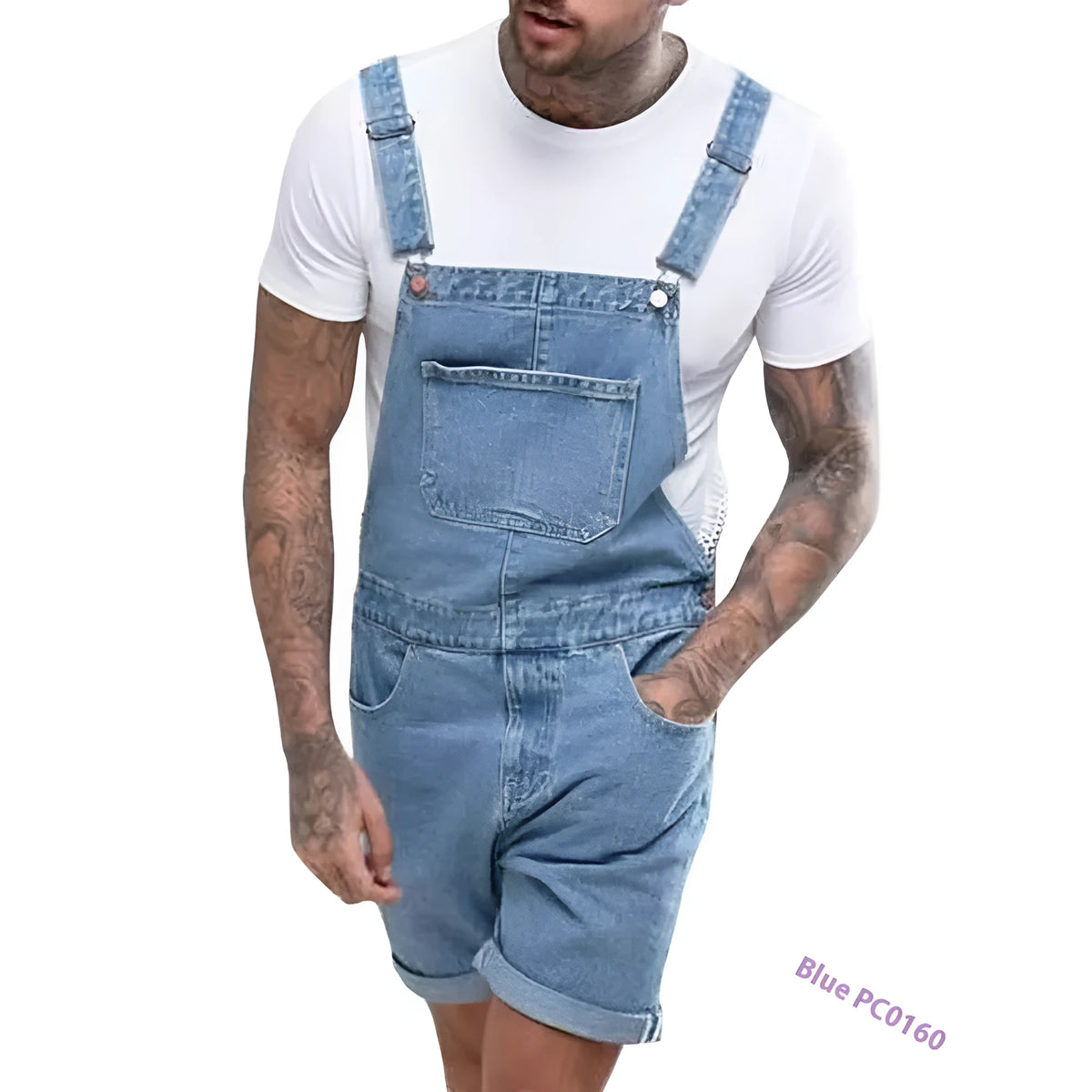 Youth denim suspenders shorts in straight-leg short length, shown in blue, with a mid-waist fit and zipper fly.