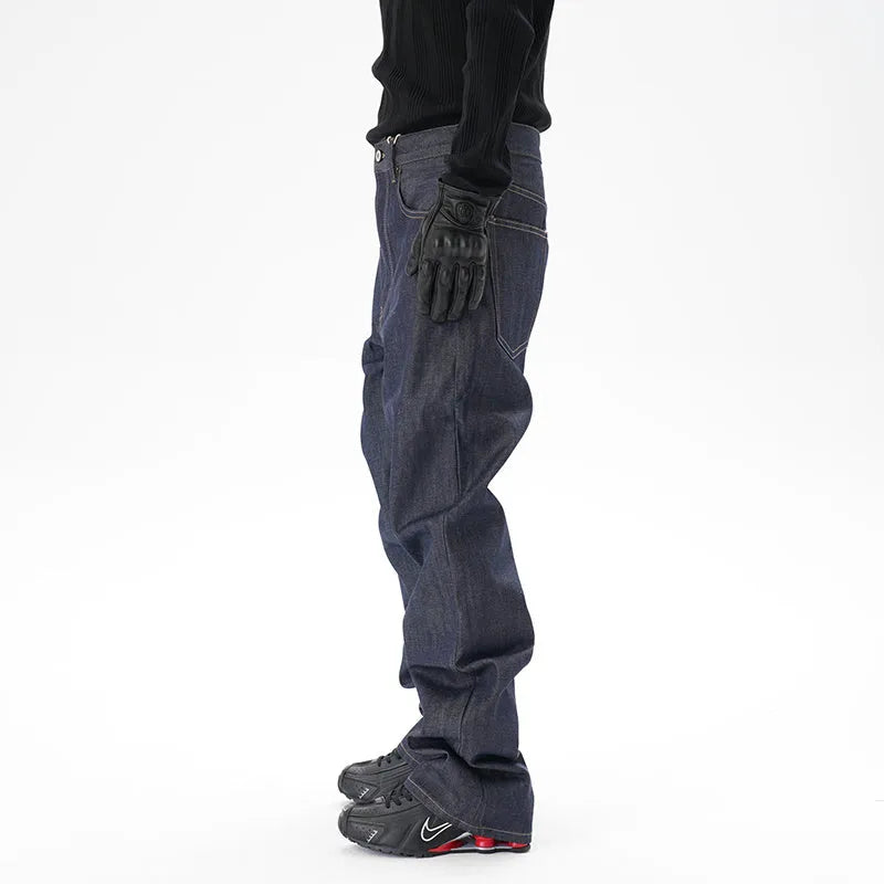 Men's dark blue loose straight-leg denim jeans laid flat, showing front view.