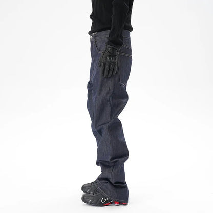 Men's dark blue loose straight-leg denim jeans laid flat, showing front view.