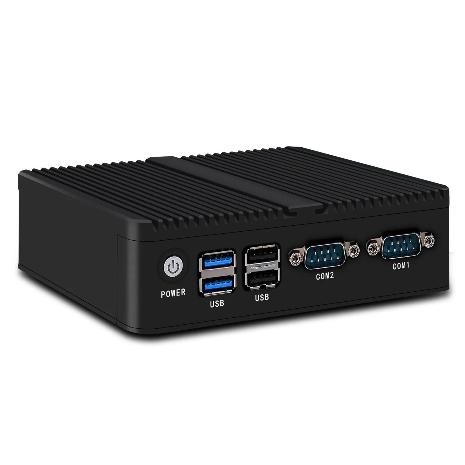 Industrial fanless quad-core mini-host with compact 13.6cm dimensions and dual-network ports