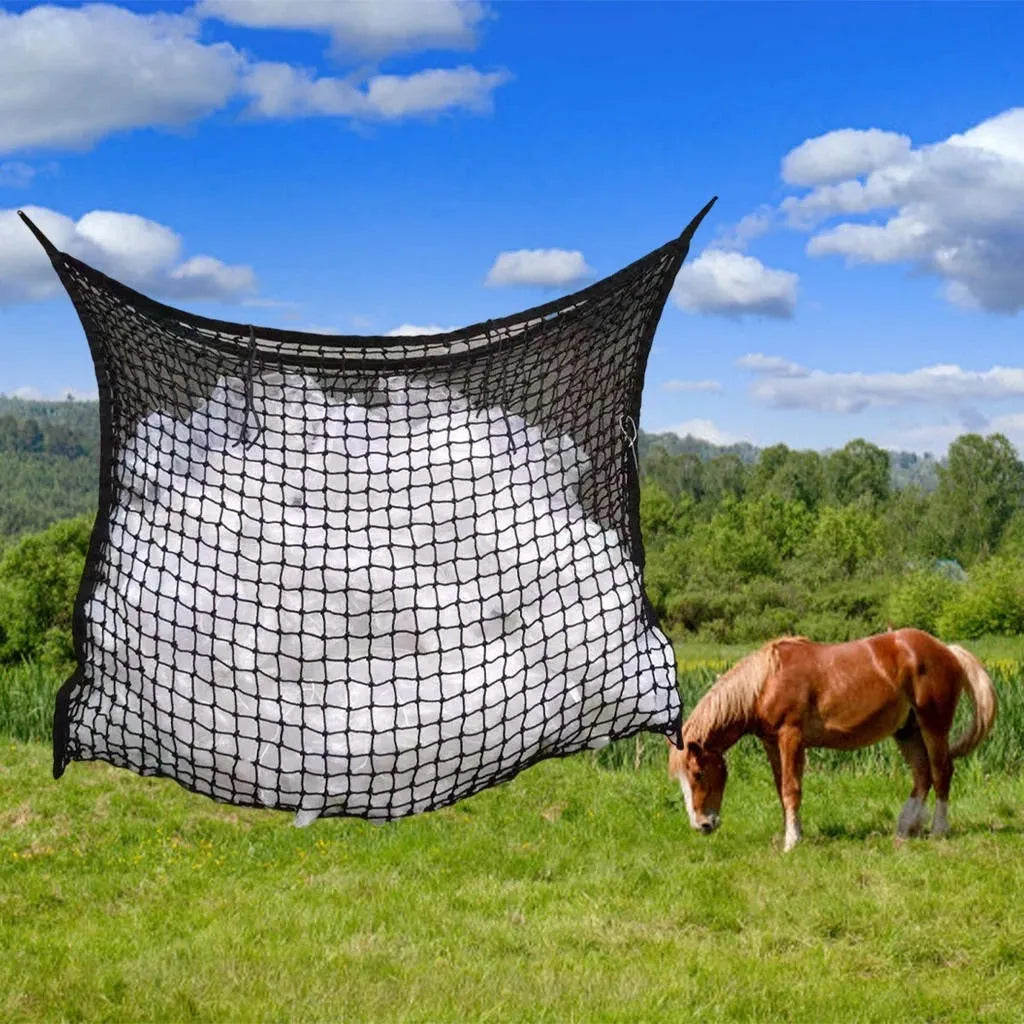 Black woven grid hanging feeding bag for horses, showing size and rope construction.