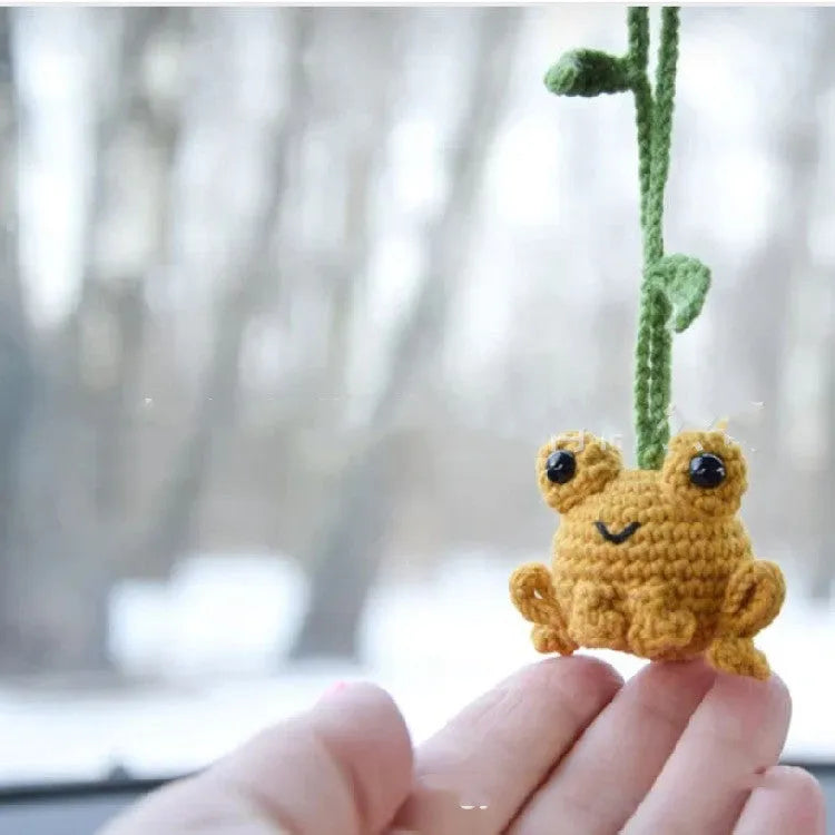 Handmade woven plush frog car pendant in green, 5cm wide by 15cm long