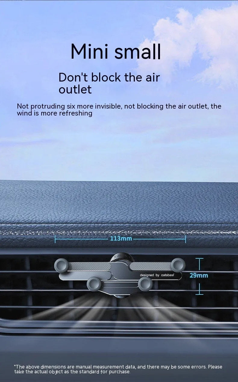 Aluminium alloy car mobile phone holder showing snap-on air vent clip and adhesive dashboard mount versions in black colour.
