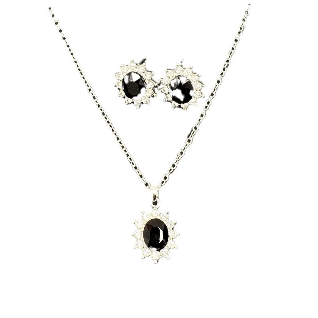 Sunflower zircon necklace and earring set in alloy with electroplated finish showing ellipse-shaped design