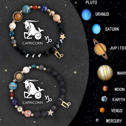 Two natural stone zodiac sign bracelets with adjustable cords showing hand-strung bead designs