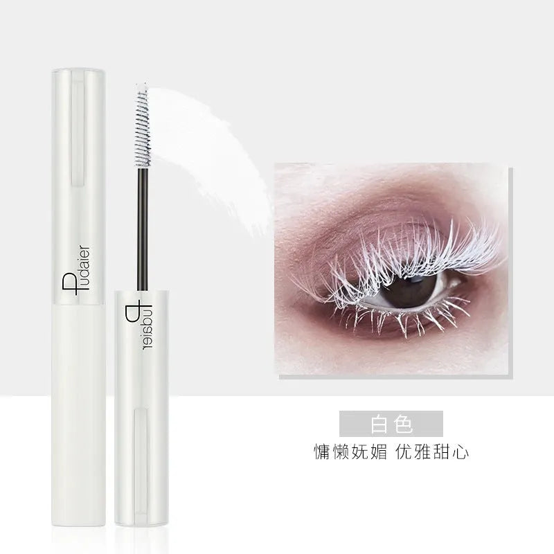 Black waterproof mascara tube with applicator showing curled lash effect