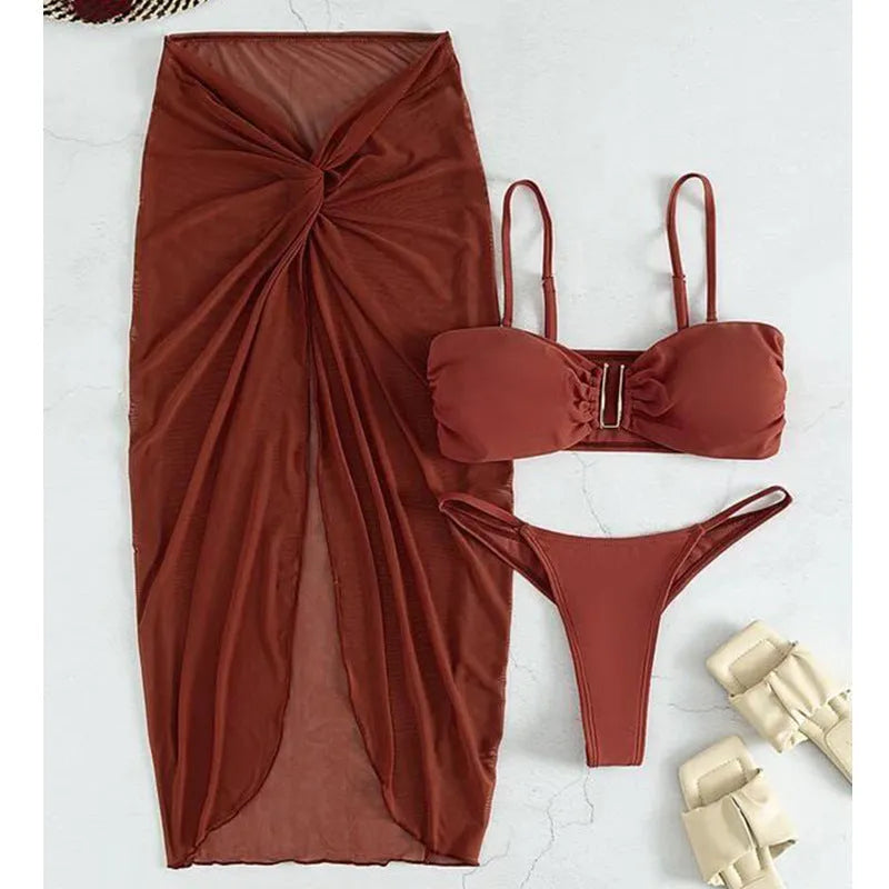 Women's multicolour French-style bikini three-piece set featuring a long culotte skirt.