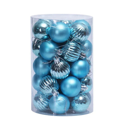 Assortment of 34 round 4cm plastic Christmas baubles in gold, silver, red, blue, and other colours.