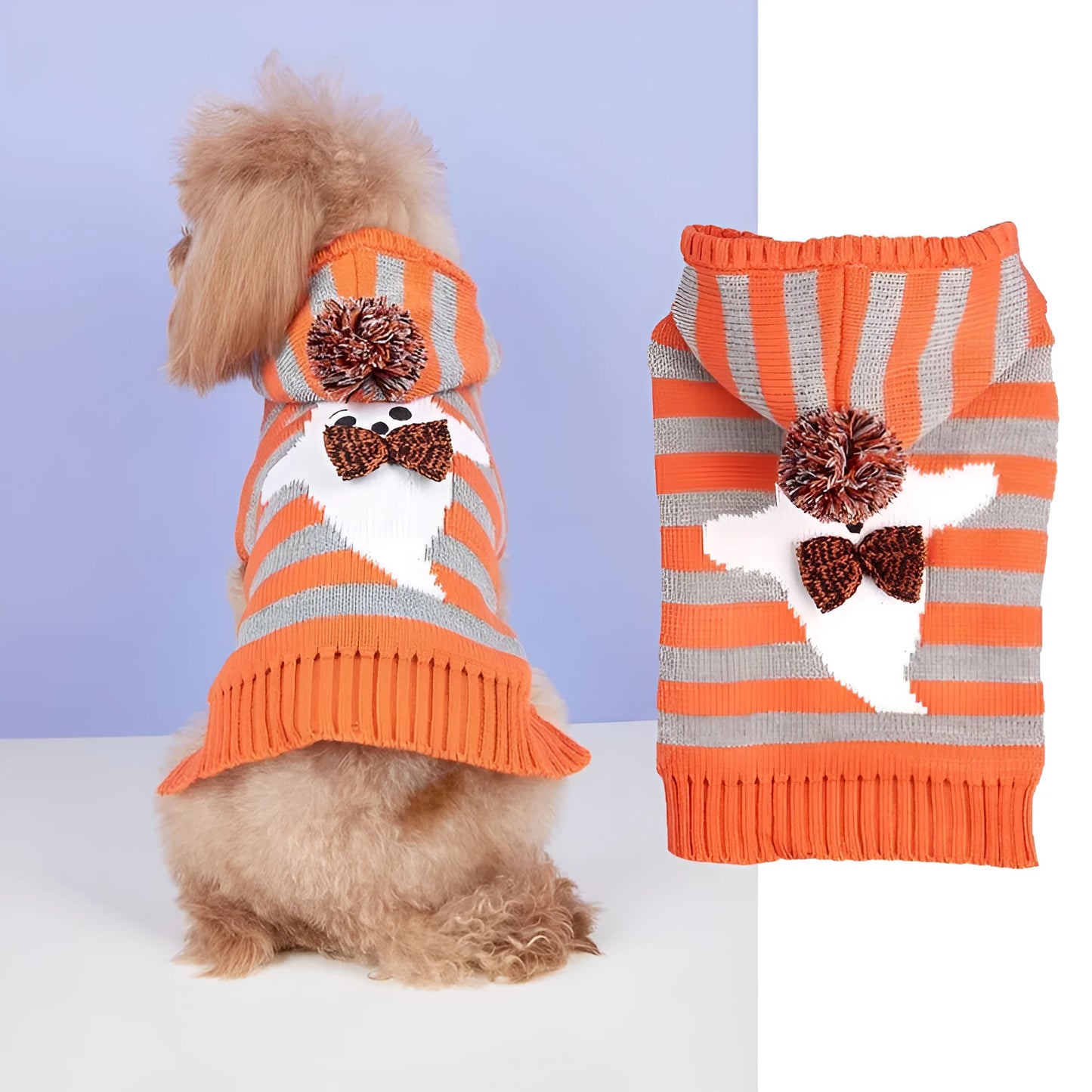 Orange knitted pet sweater with striped fur ball decoration and hood for small dog or cat.