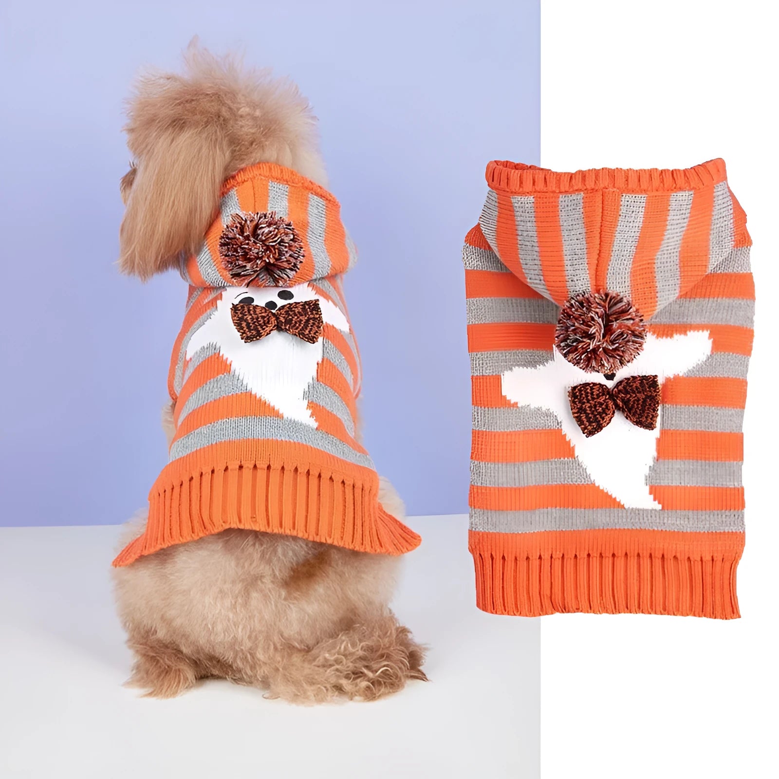 Orange knitted pet sweater with striped fur ball decoration and hood for small dog or cat.