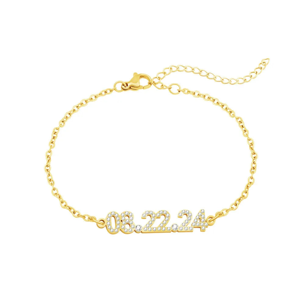 Stainless steel digital bracelet with diamond-set numbers on a wrist, showing gold, rose gold, and steel colour options.