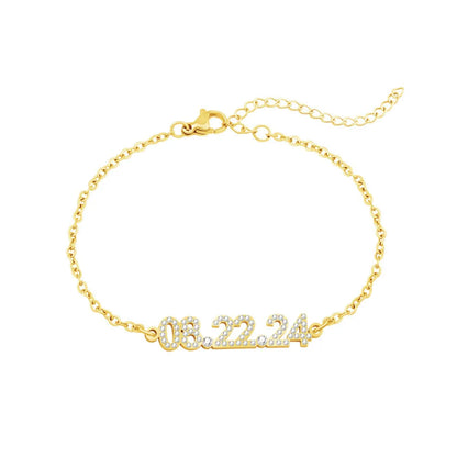 Stainless steel digital bracelet with diamond-set numbers on a wrist, showing gold, rose gold, and steel colour options.