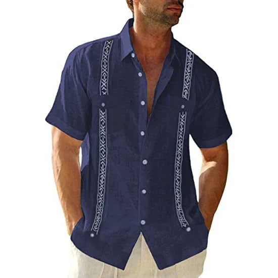 Men's short sleeve casual guayabera shirt in vibrant colors, featuring intricate pintuck pleating for a classic Cuban-inspired look
