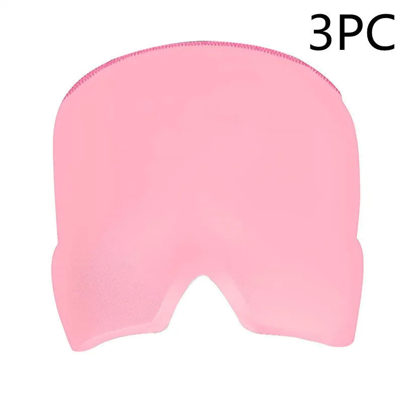 Black elastic cloth gel cold compress eye mask for headache relief on a grey background.