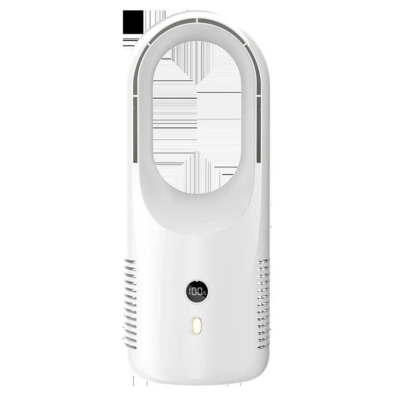 Ultra-quiet bladeless fan with adjustable settings, 360-degree air circulation, and rechargeable battery for desk or home use