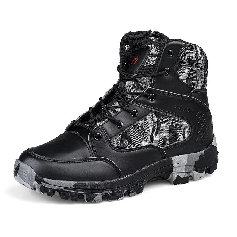 Men's black and camouflage high-top hiking shoes with metal details on artificial PU upper.