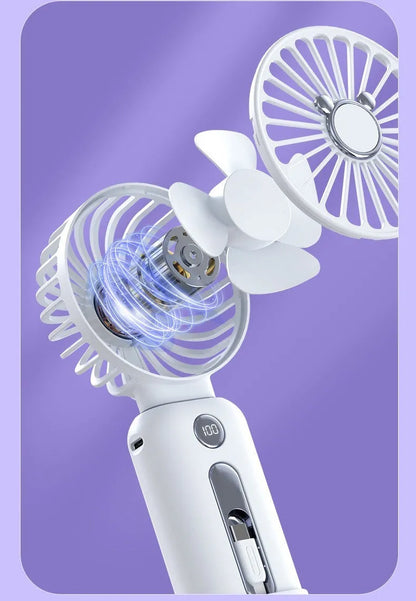 Purple handheld USB fan with power bank ports, shown with a white USB cable.