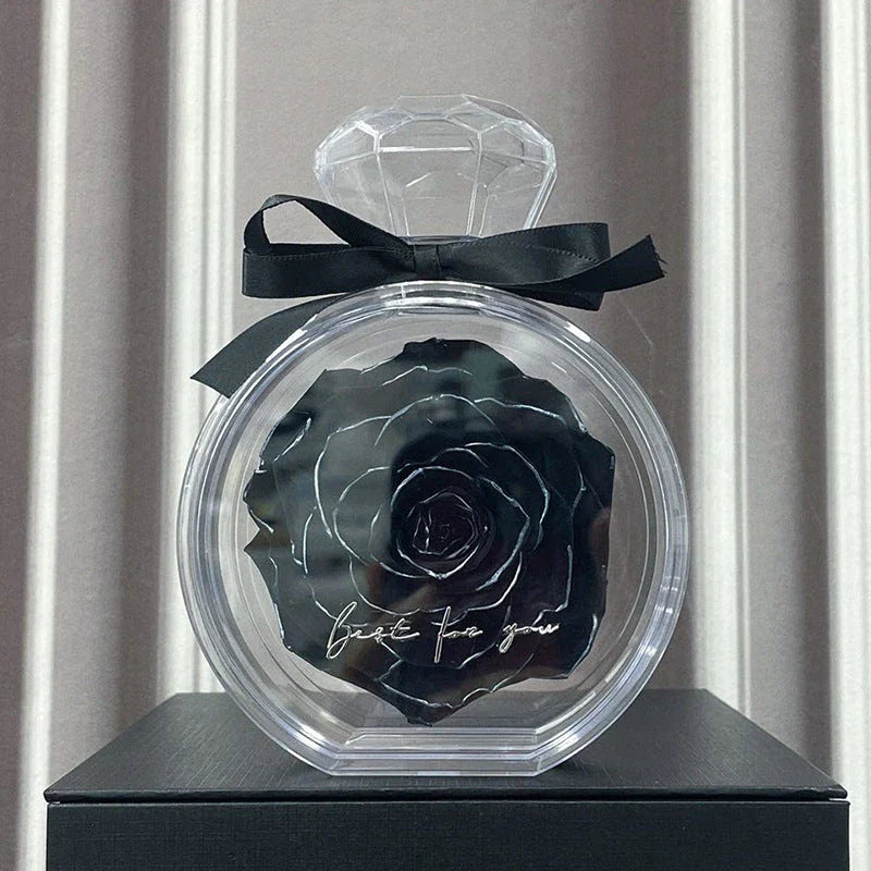 Preserved dried rose floral ornaments in a transparent display, available in various colors for home decor and special occasions