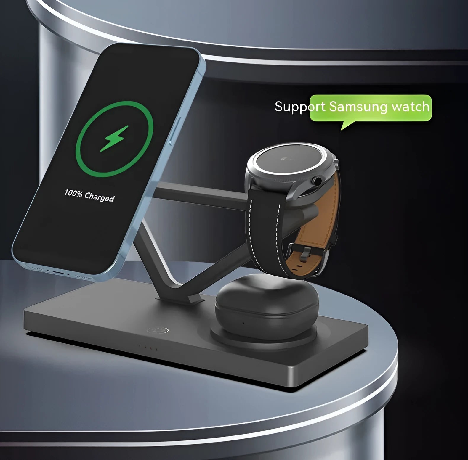 White five-in-one wireless charging night lamp with magnetic phone bracket and circular base.