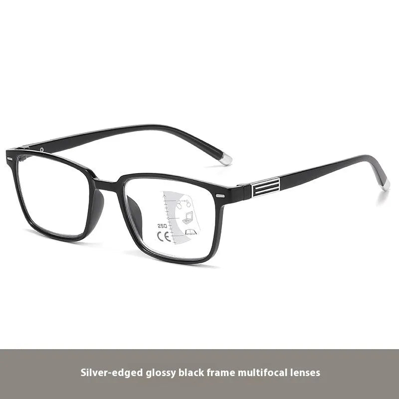 Multifocal reading glasses with anti-blue light protection and photochromic lenses in various frame colours for distance and near vision correction with +100 to +400 diopter strengths