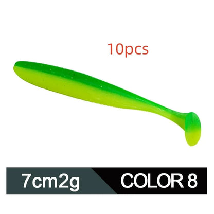 Soft plastic worm lure with a two-tone T tail, shown in one of its 14 colour options.