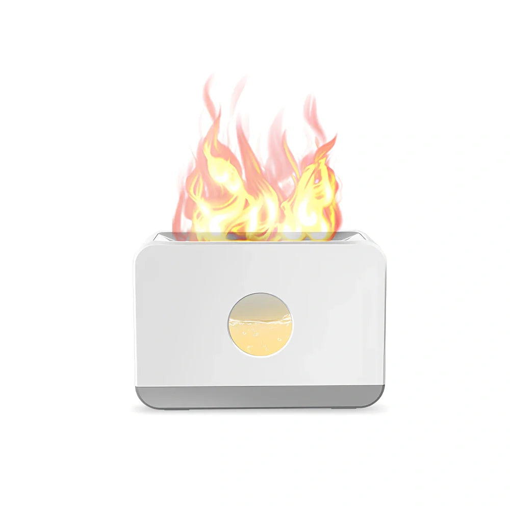 Square two-colour flame aromatherapy humidifier showing black unit with blue and orange flame lighting effect