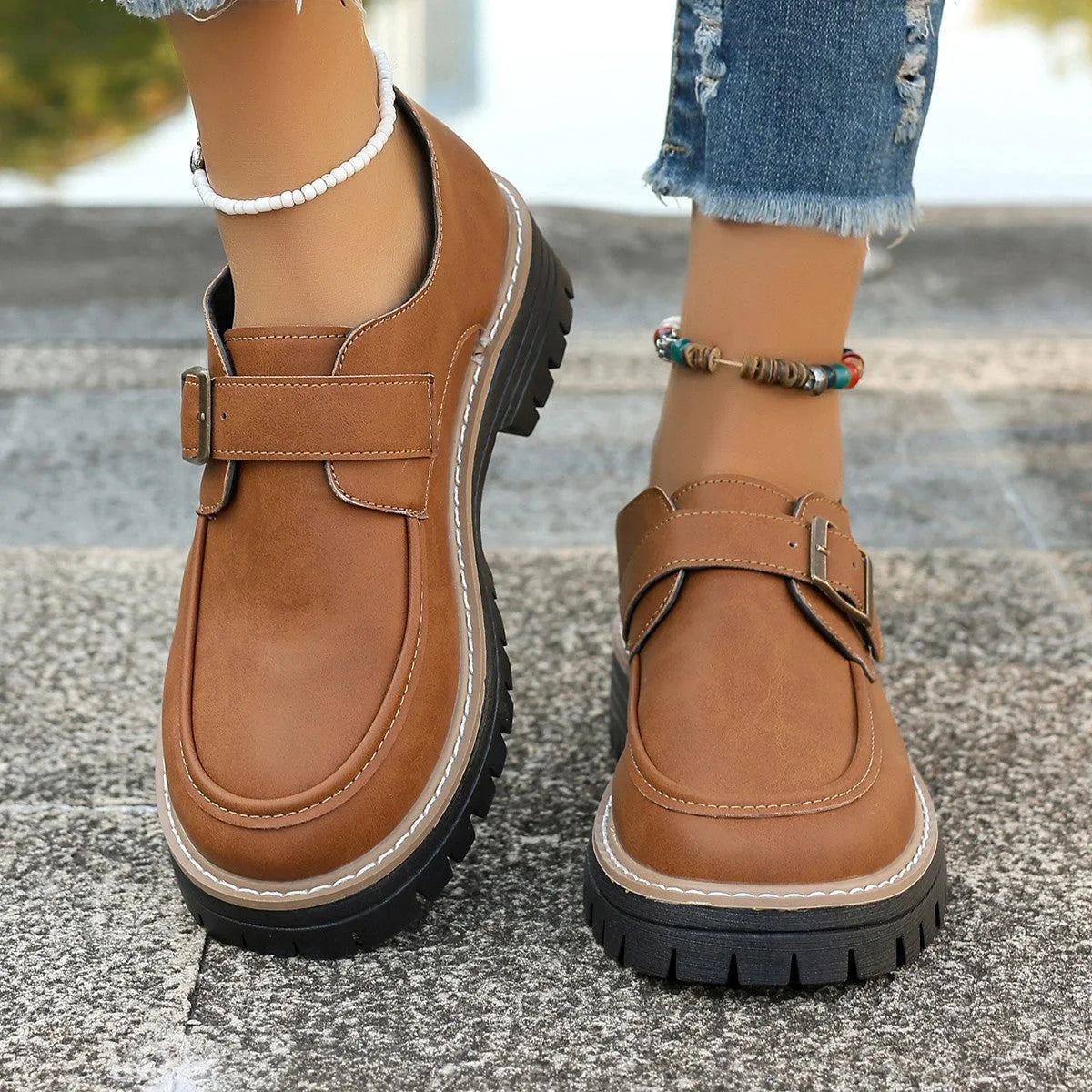 British-style women's buckle loafers with thick sole for added height