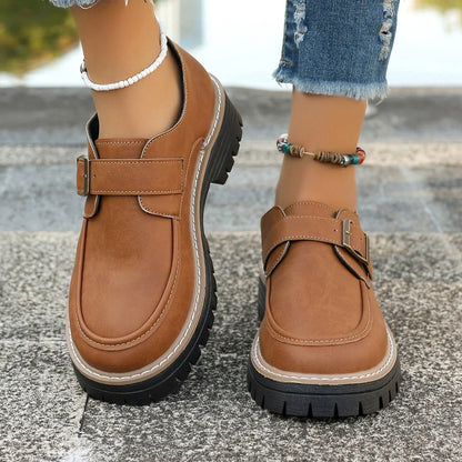 British-style women's buckle loafers with thick sole for added height