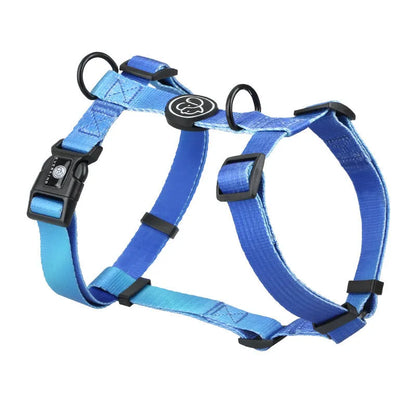 Gradient colour dog harness with chest and back straps in purple, blue, neon or green designs
