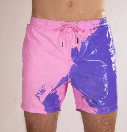 Men's colour-changing beach shorts in various colours, showing quick-dry and water-reactive features