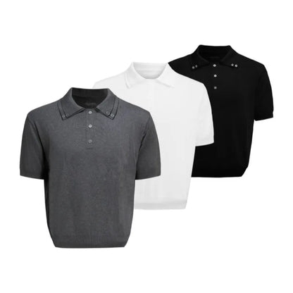 Men's slim knit short sleeve shirt with double collar design in black colour