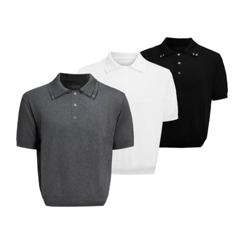 Men's short sleeve shirt with slim knit double collar design featuring fastener decoration in loose fit style available in black, grey and white colour options with M, L, XL sizes for casual wear and everyday use