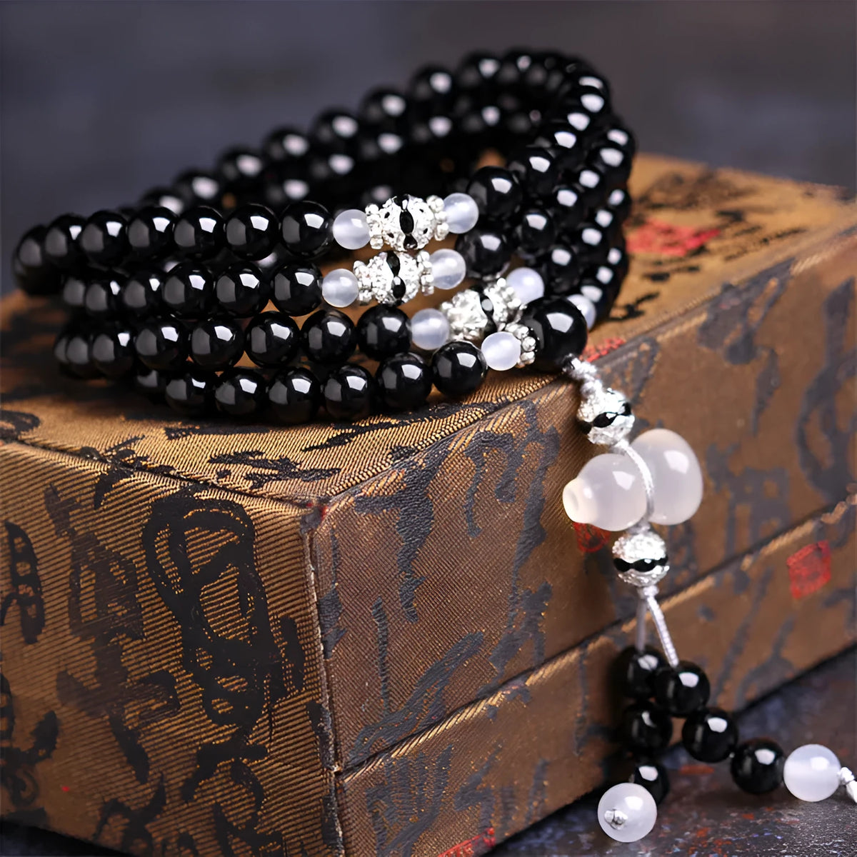 Natural red and black agate 108 beads bracelet with geometric number design