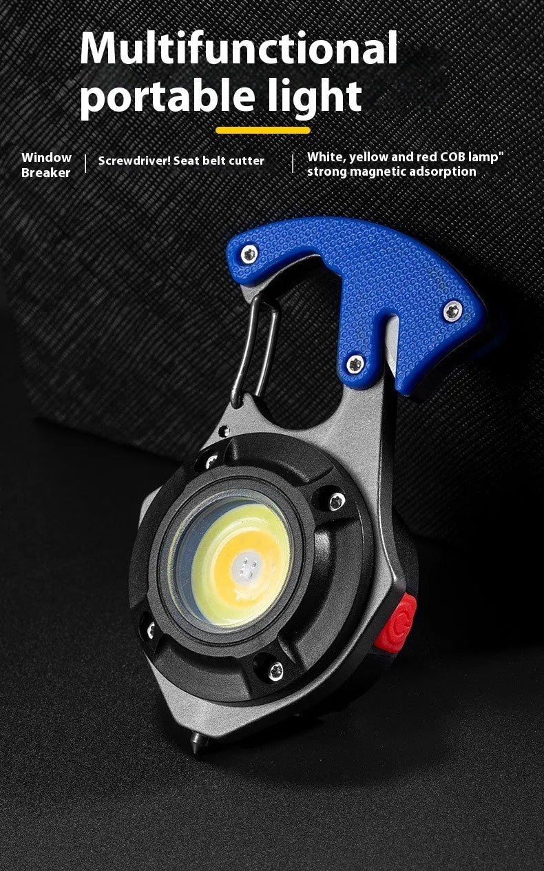 Multifunctional keychain flashlight with window breaker and screwdriver, showing Type-C charging port and LED display.