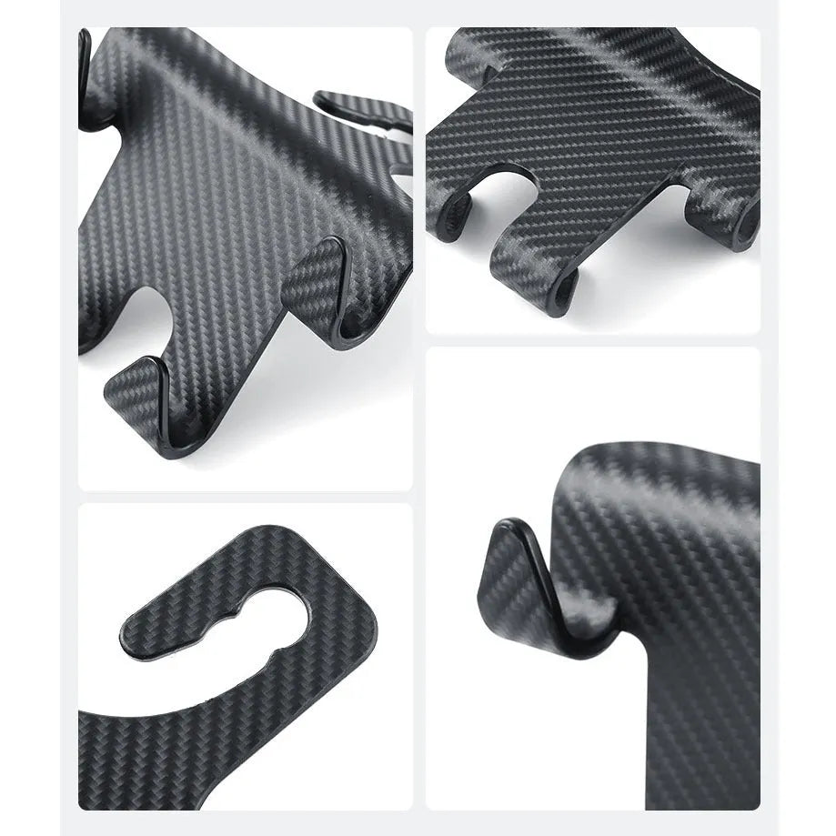 Black ABS plastic car hook and mobile phone holder bracket for rear seat mounting.