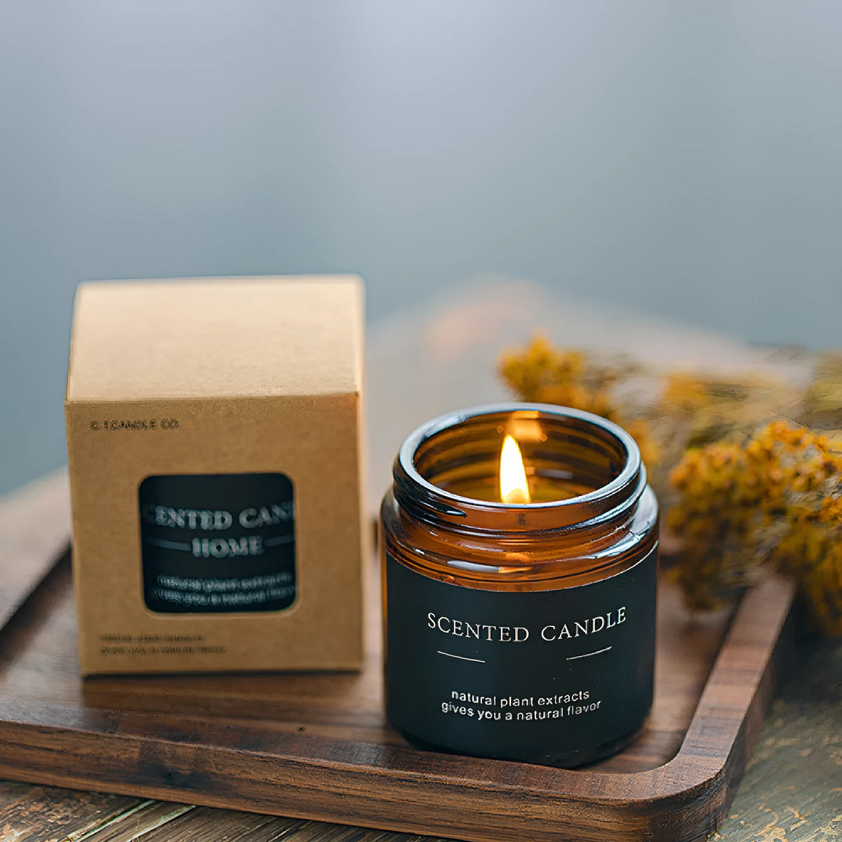 Brown glass bottle containing a hand-poured scented candle with a choice of sunny rose, lavender thyme, or bayberry fragrance.