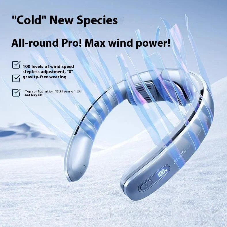 Silver grey hanging neck portable fan showing no-blade design and adjustable neck band