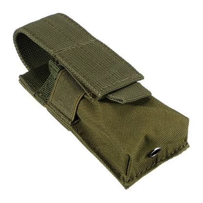 Black tactical MOLLE waist pouch with elastic cord closure, shown mounted on a belt next to a pistol magazine.