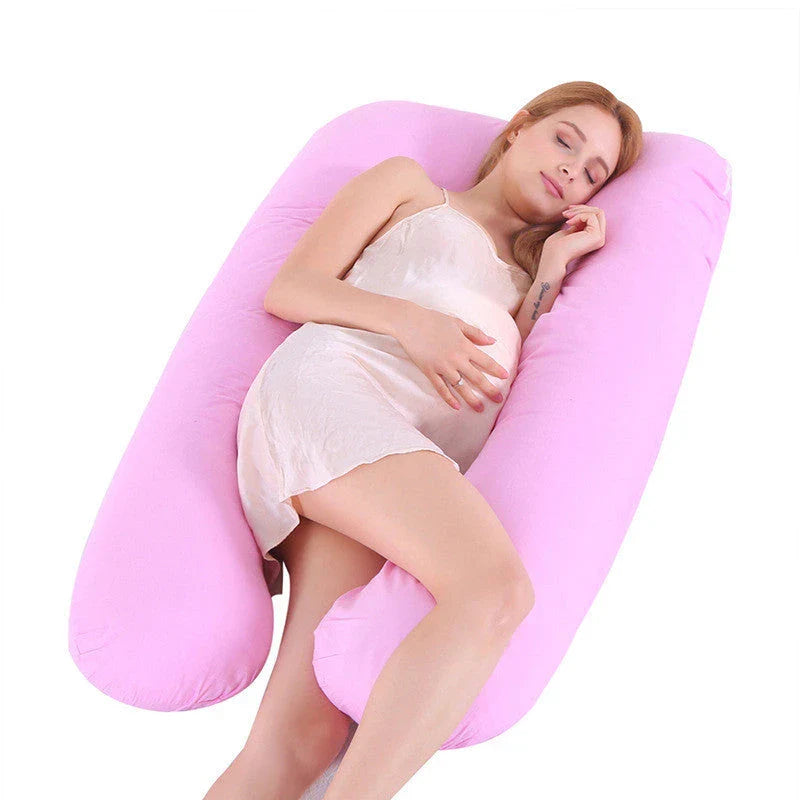 Premium U-shaped pregnancy pillow with pure cotton exterior and polyester fiber filling, designed to provide soothing support and refreshing coolness for expectant mothers.