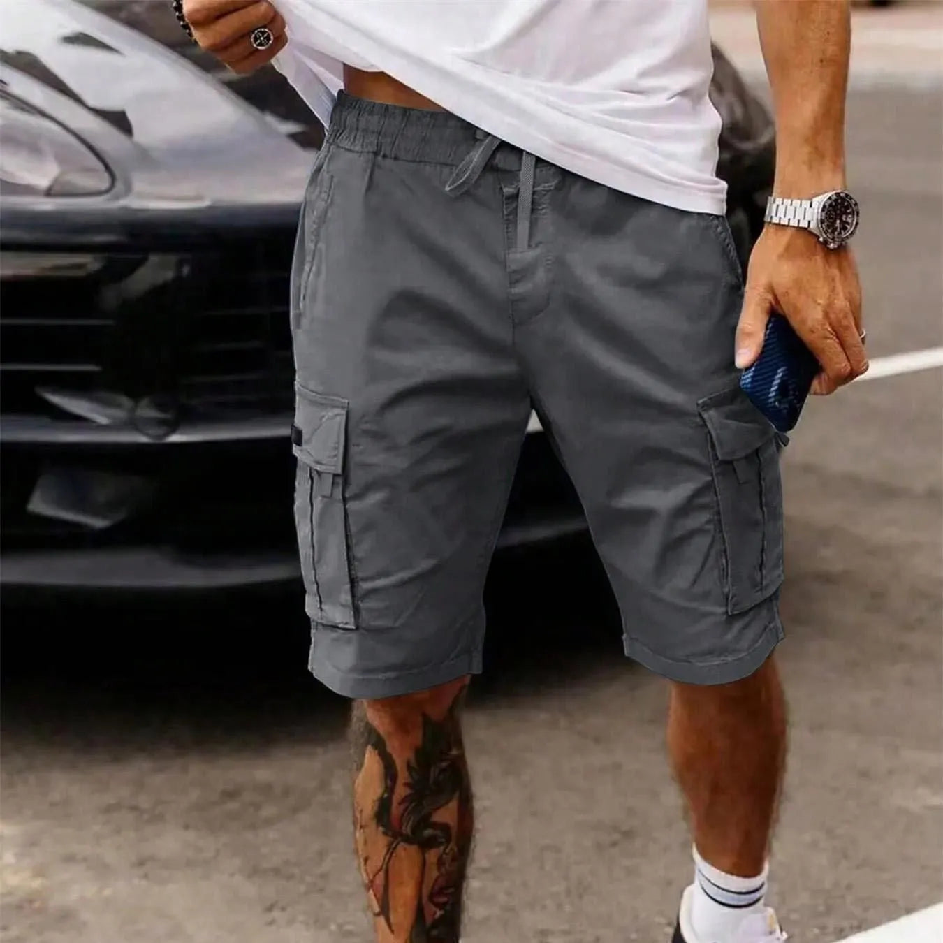 Men's straight cropped workwear shorts in polyester fabric with loose fit for summer wear