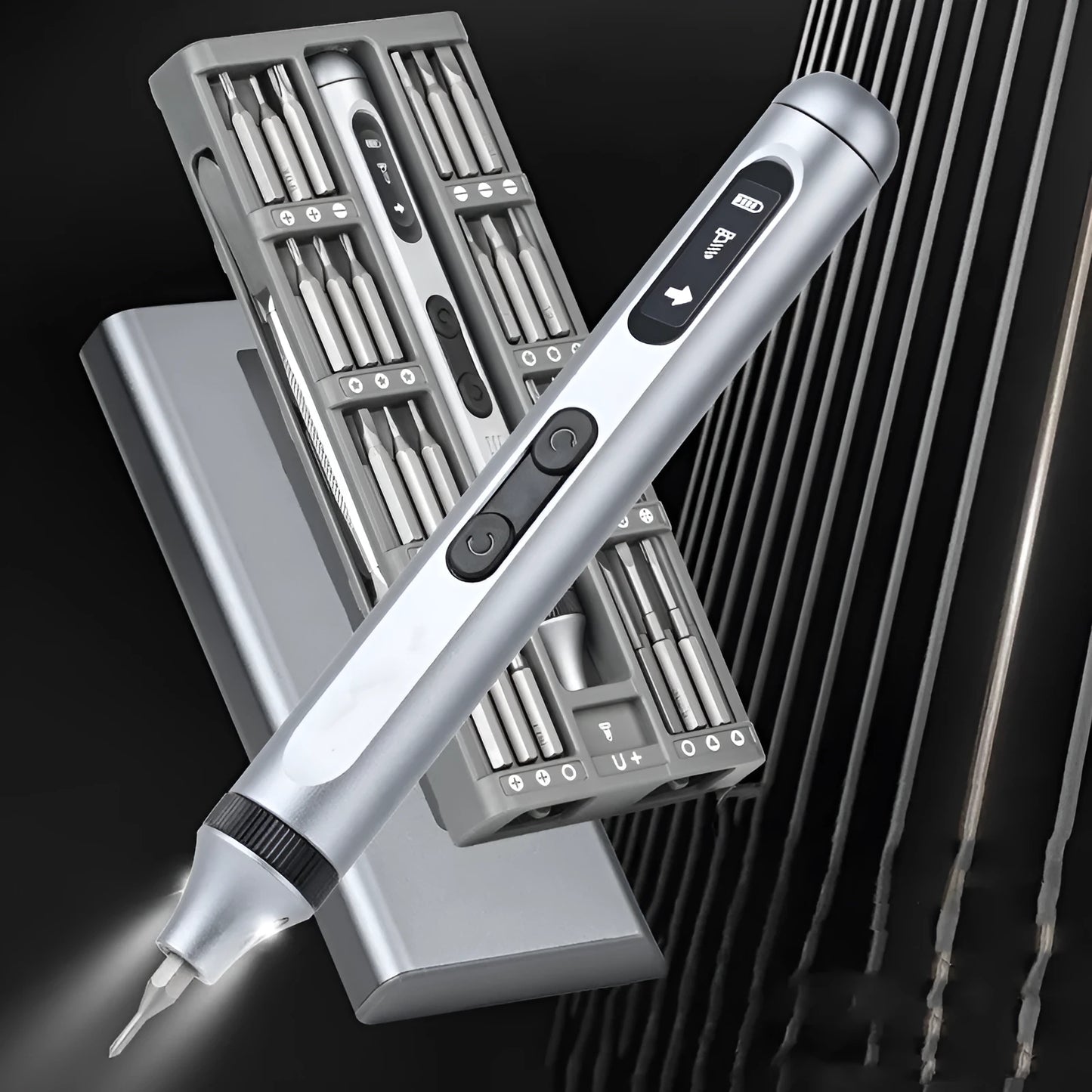 Aluminium-handle precision electric screwdriver showing compact design and charging port.